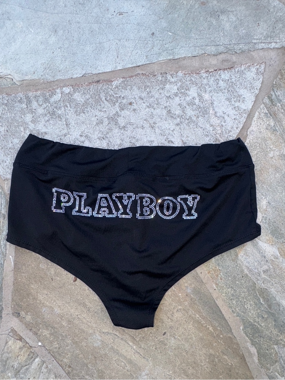 PLAYBOY Black High-Leg Shorts with Rhinestone Logo embroidered bunny